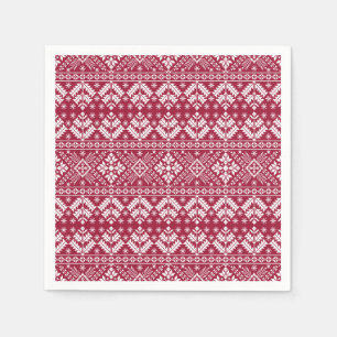 Red & White Snowflake & Floral Fair Isle Christmas Napkin