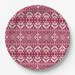Red & White Snowflake & Floral Fair Isle Christmas Paper Plate