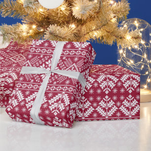 Red & White Snowflake & Floral Fair Isle Christmas Wrapping Paper