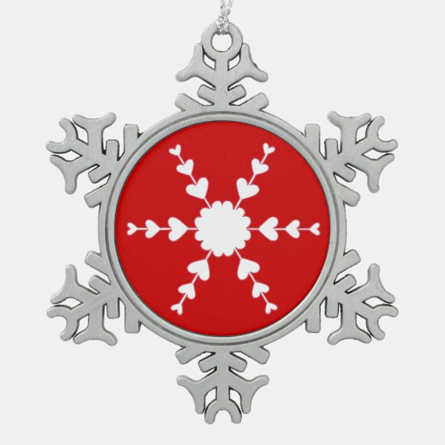 Red White Snowflake Heart Snowflake Ornament (Front)