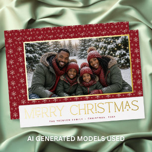 Red White Snowflake Merry Christmas Family Photo Foil Holiday Card