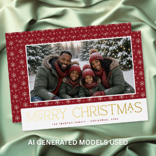 Red White Snowflake Merry Christmas Family Photo Foil Holiday Card
