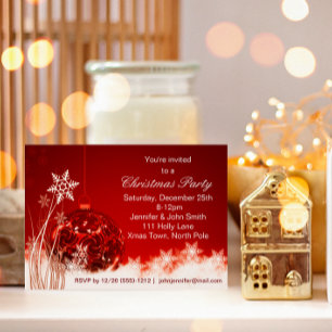 Red & White Snowflake  Ornament Christmas Party Invitation