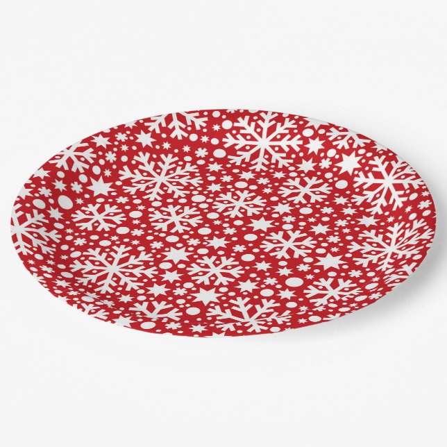 Red white snowflake pattern party paper plate (Angled)