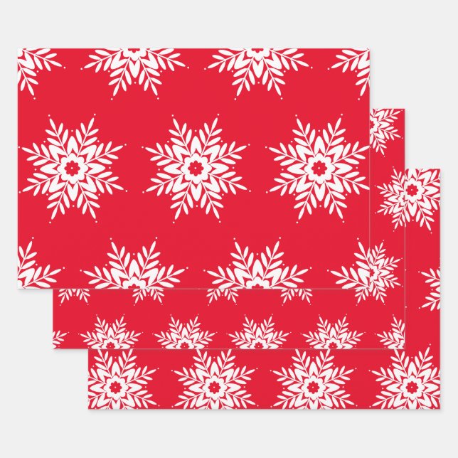 Red White Snowflake Pattern Wrapping Paper Sheet (Set)
