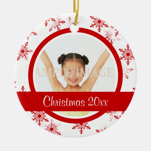 Red white snowflake photo personalise ceramic tree decoration (Front)