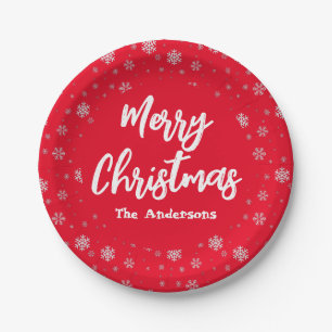 Red White Snowflake Simple Elegant Merry Christmas Paper Plate