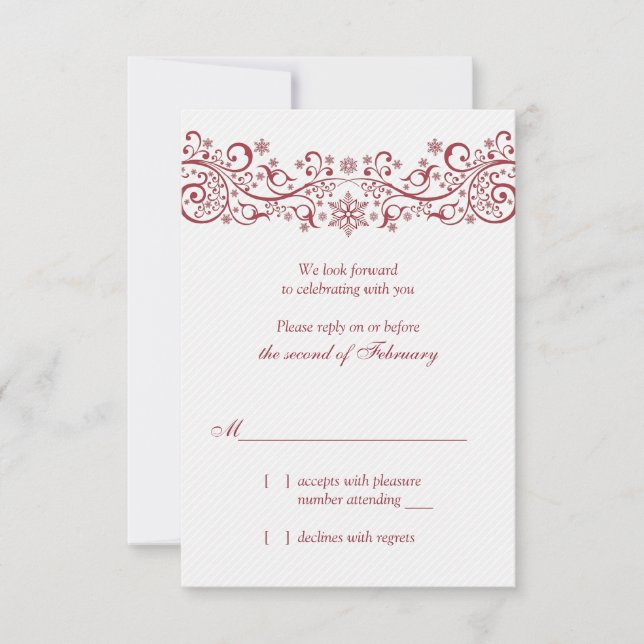 Red White Snowflake Winter Wedding Reply Card (Front)
