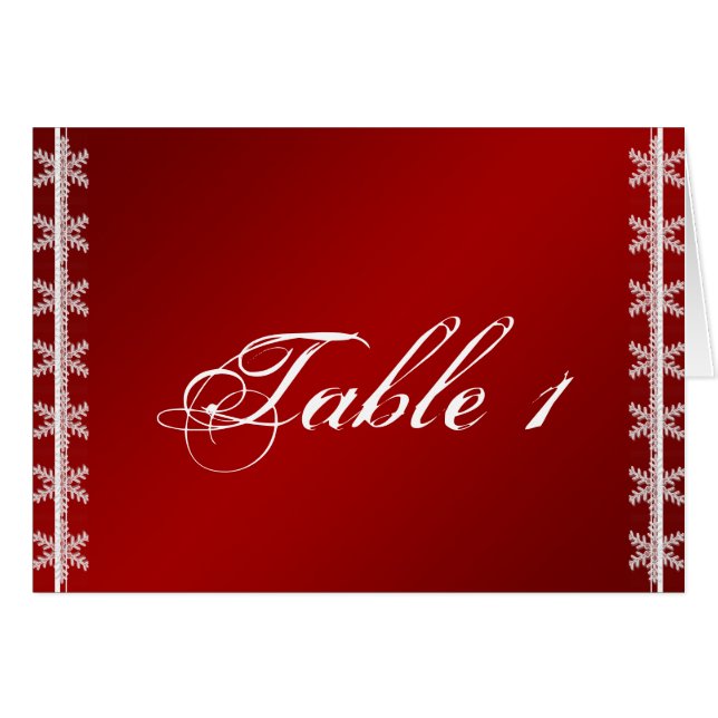 Red White Snowflake Winter Wedding Table Number (Front Horizontal)