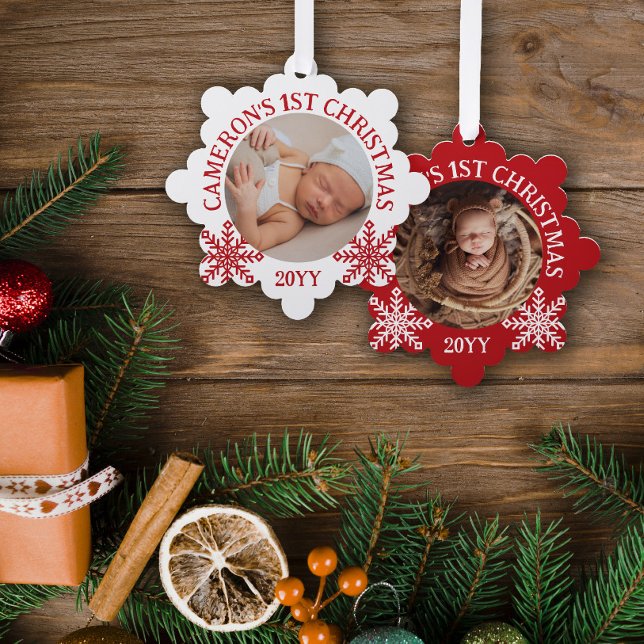 Red White Snowflakes Baby's 1st Christmas Tree Decoration Card (Creator Uploaded)
