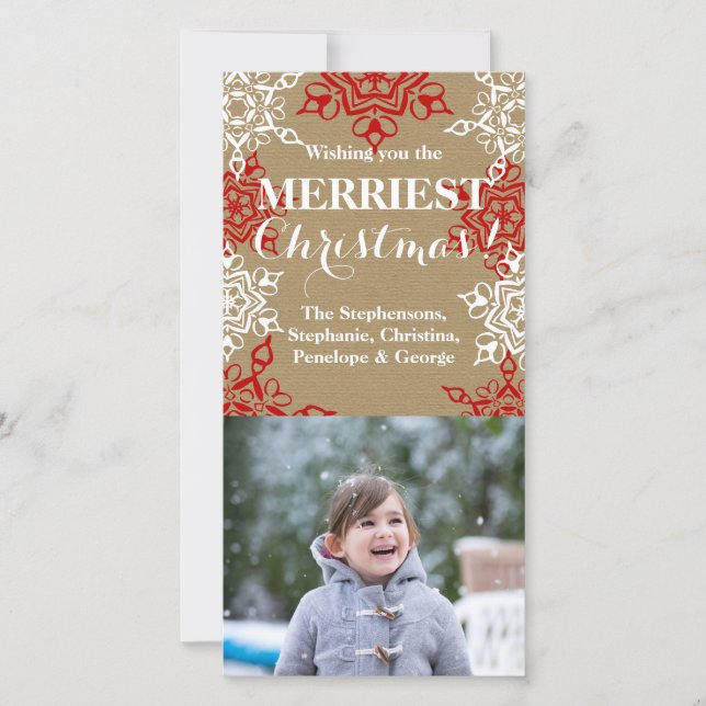 Red White Snowflakes Christmas Craft Paper Holiday Card (Front)