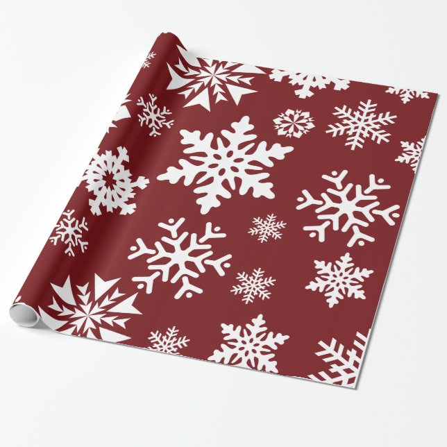 Red White Snowflakes Christmas Holiday Pattern Wrapping Paper (Unrolled)