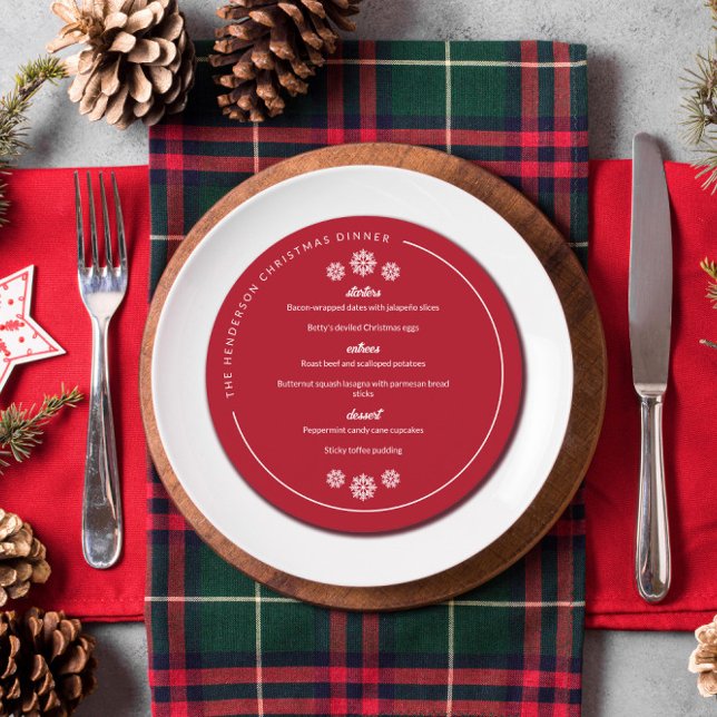 Red White Snowflakes Curved Names Round Christmas Menu (Creator Uploaded)