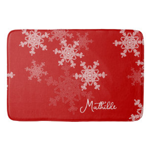 Red White Snowflakes Minimalist Christmas Name Bath Mat