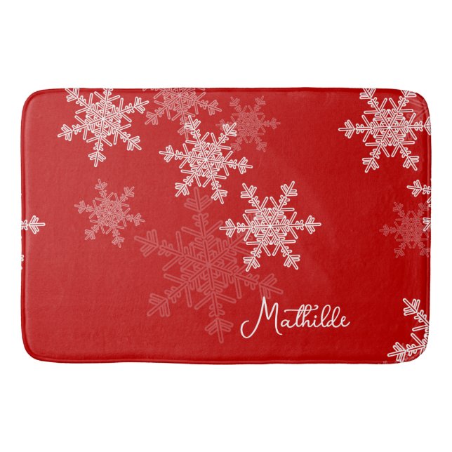 Red White Snowflakes Minimalist Christmas Name Bath Mat (Front)