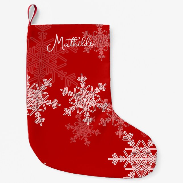 Red White Snowflakes Minimalist Christmas Name Small Christmas Stocking (Front)