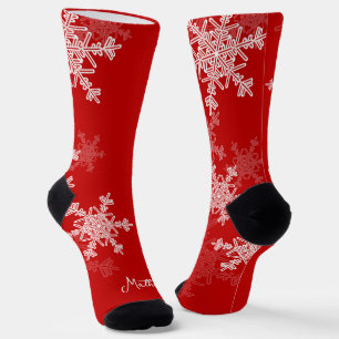 Red White Snowflakes Minimalist Christmas Name Socks