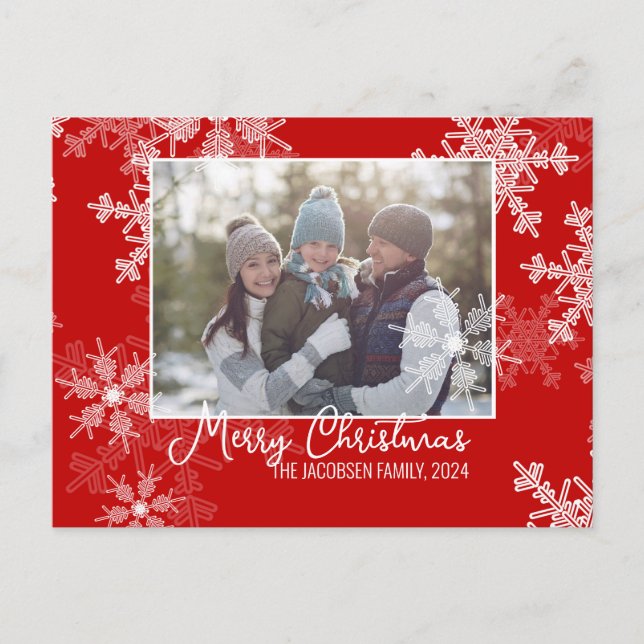 Red White Snowflakes Minimalist Christmas Photo Holiday Postcard (Front)