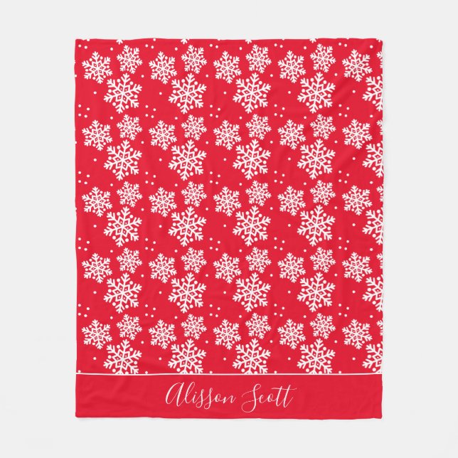 Red White Snowflakes Modern Classic Fleece Blanket (Front)