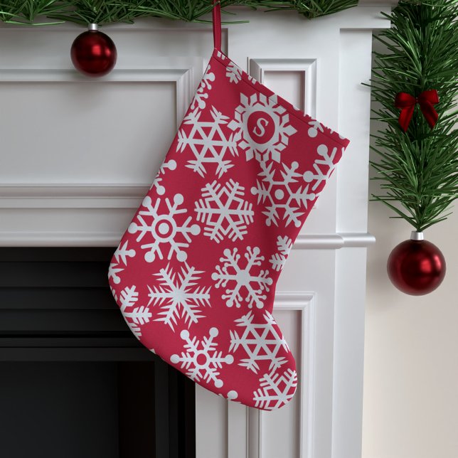 Red White Snowflakes Monogram Christmas Stocking (A festive red and white snowflake pattern stocking with space for your initial)