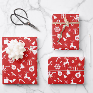 Red White Snowflakes Reindeer Angles Christmas Wrapping Paper Sheet