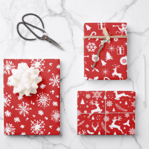 Red White Snowflakes Reindeer Christmas Holiday  Wrapping Paper Sheet