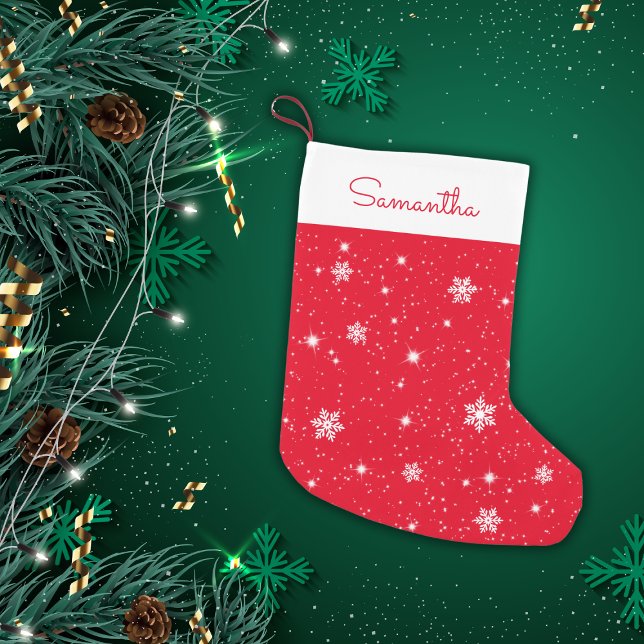 Red White Snowflakes Stars Pattern with Name Small Christmas Stocking (Creator Uploaded)