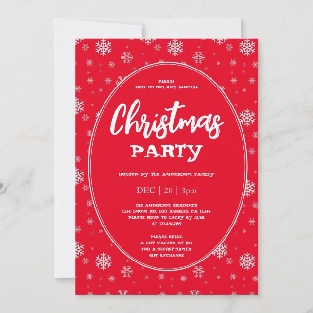 Red White Snowflakes Winter Modern Christmas Party Invitation (Front)