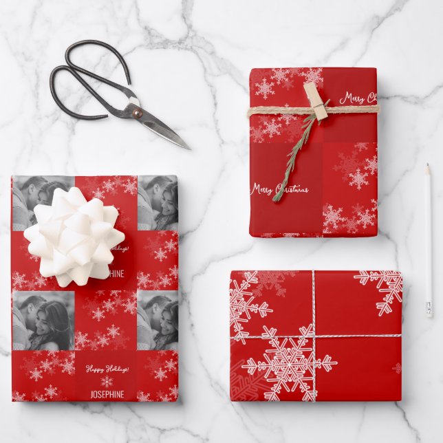 Red White Snowlfake Minimalist Photo Christmas  Wrapping Paper Sheet (Front)