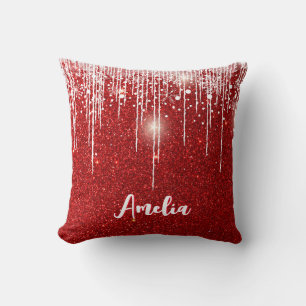 Red White Snowy Drip Snowflake Custom Name Cushion