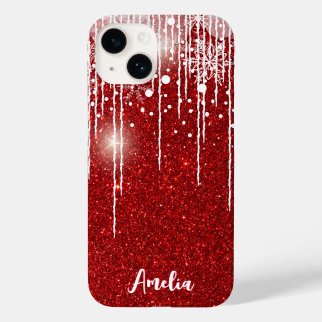 Red White Snowy Dripping Snowflake Custom Name Case-Mate iPhone Case (Back)