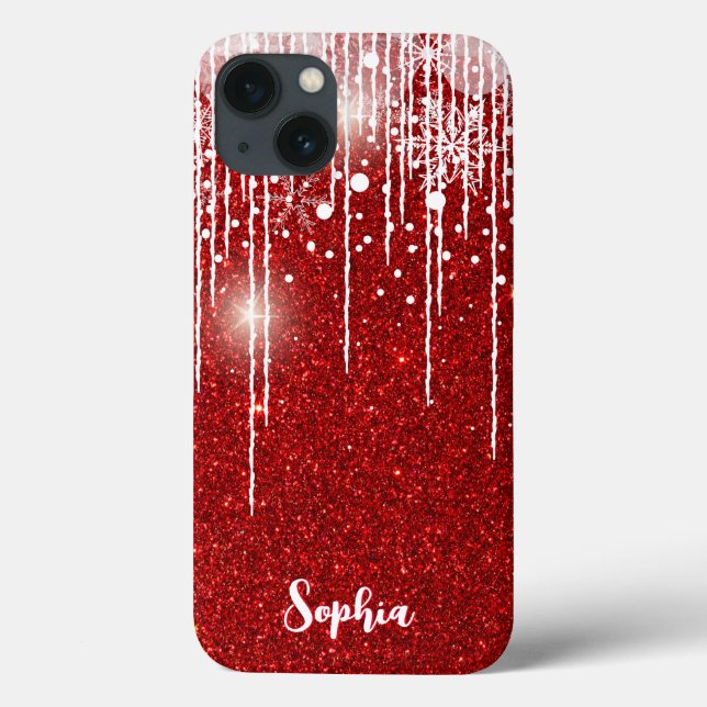 Red White Snowy Dripping Snowflake Custom Name Case-Mate iPhone Case (Back)