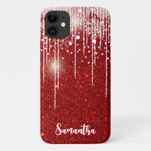 Red White Snowy Dripping Snowflake Custom Name iPhone 11 Case