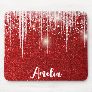 Red White Snowy Snowflake Your Name Mouse Mat