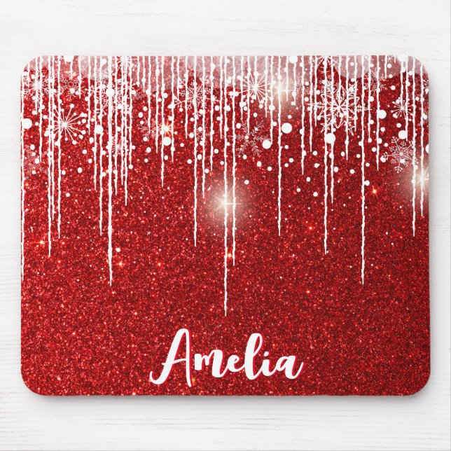 Red White Snowy Snowflake Your Name Mouse Mat (Front)