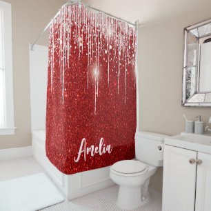 Red White Snowy Snowflake Your Name Shower Curtain