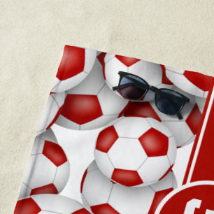 Red white soccer balls pattern personalised name  beach towel
