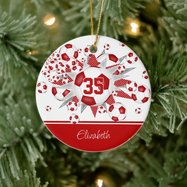 Red white soccer balls stars personalised  ceramic tree decoration (Tree)