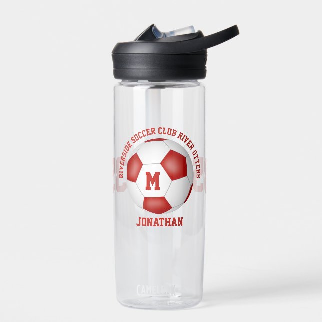 red white soccer team colours kids teens custom water bottle (Left)