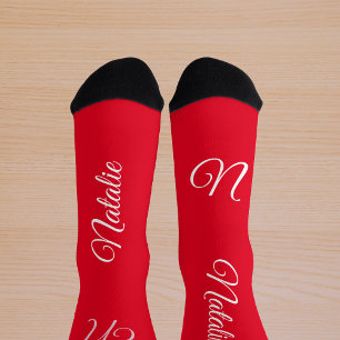 Red  white solid colour monogrammed  socks