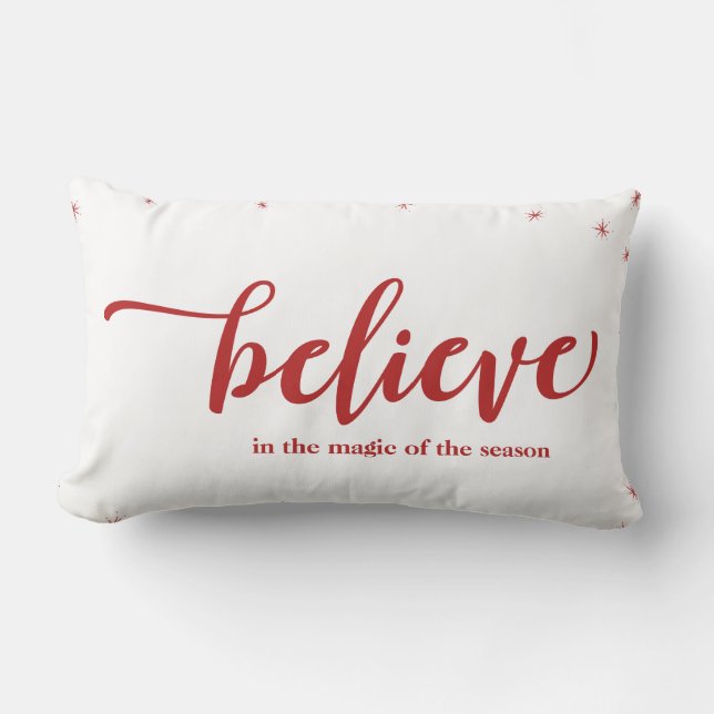 Red & White Sparkle Believe In Holiday Christmas Lumbar Cushion (Front)