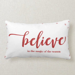 Red & White Sparkle Believe In Holiday Christmas Lumbar Cushion