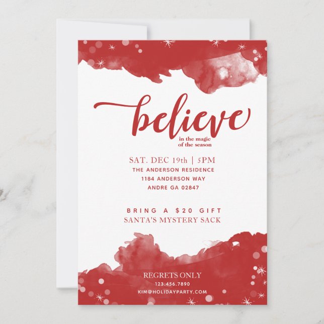 Red & White Sparkle Believe in the Magic Christmas Invitation (Front)