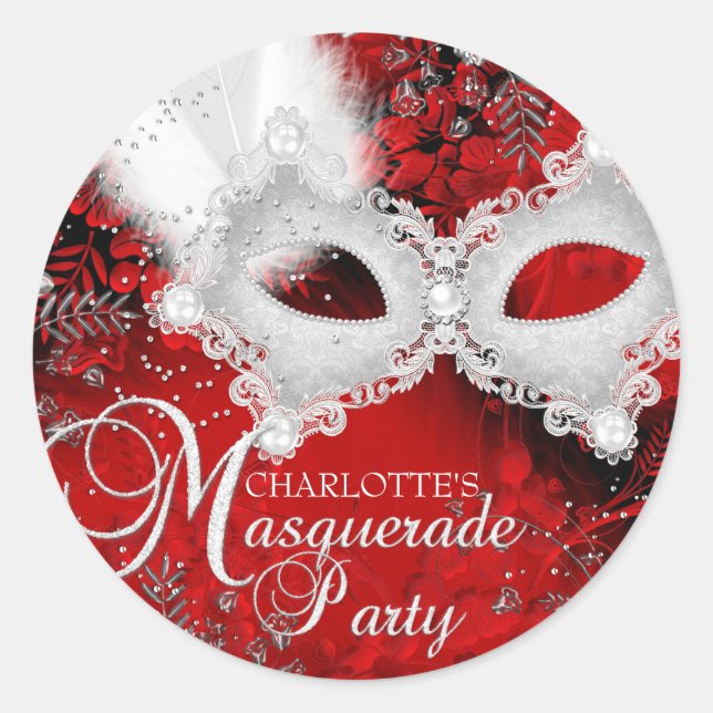 Red White Sparkle Mask Masquerade Party Sticker (Front)