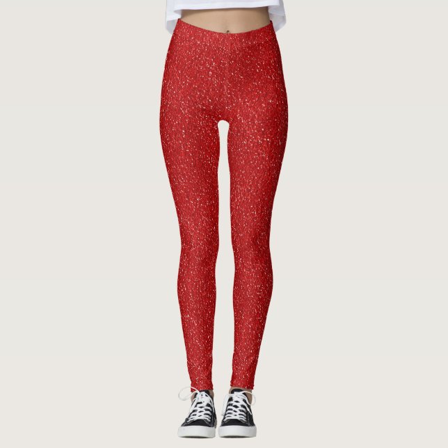 Red White Sparkles Glitter Look Leggings (Front)