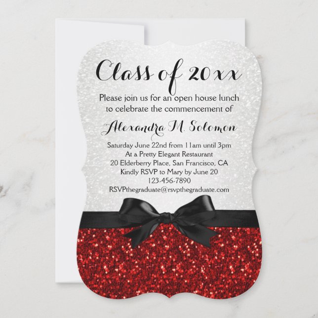 Red/White Sparkly Bow Shaped Graduation Invitation (Front)