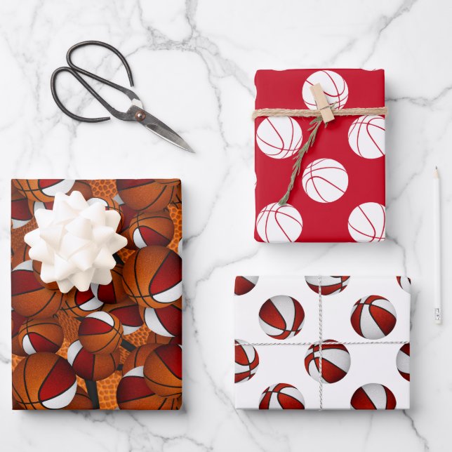 red white sports basketballs pattern gift wrapping paper sheet (Front)