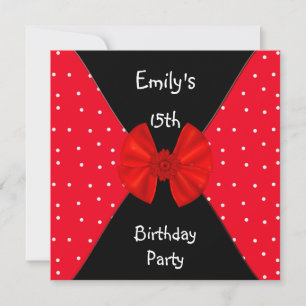 Red White Spot Invitation Cute Bow 15th Birthday