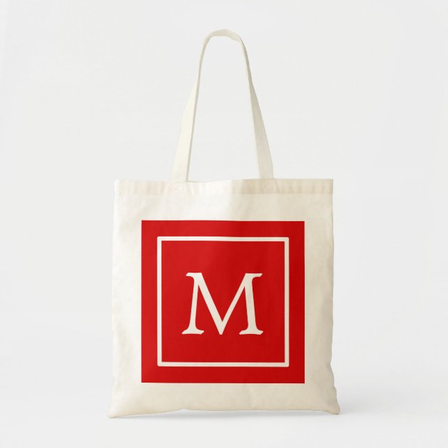 Red & White Square Personalised Custom Monogram Tote Bag (Front)