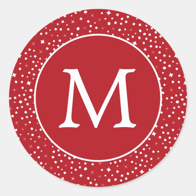 Red White Star Snow Monogram Christmas Holiday Classic Round Sticker (Front)